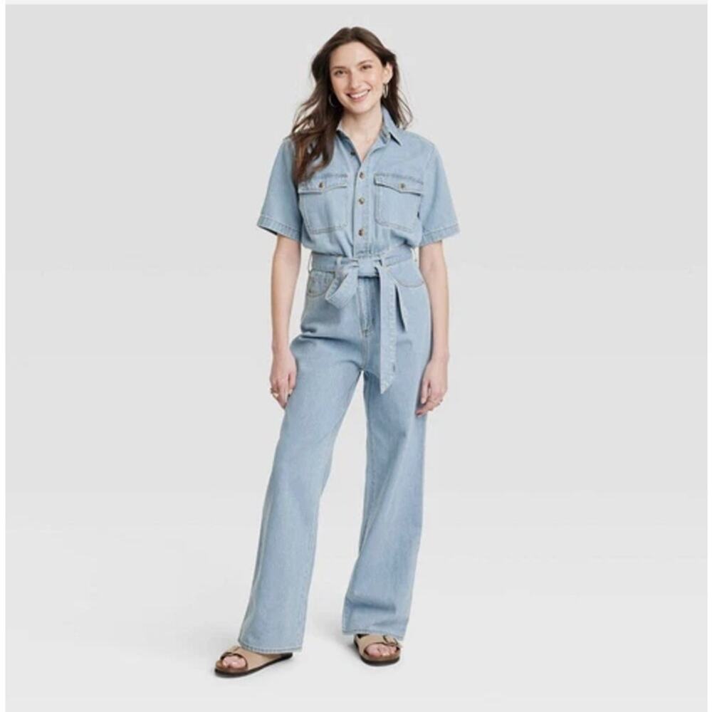 Universal Thread Light Blue Denim Short-Sleeve Utility Jumpsuit